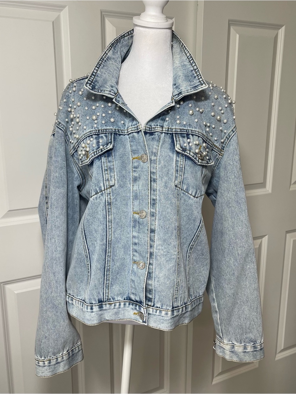 Denim Pearl Embellished Jean Jacket Chest Pockets Stone Washed Light Blue XL - Picture 13 of 13